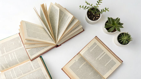 Open book, succulents and books on a white background.