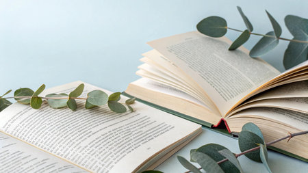 Open book and eucalyptus branches on light blue backgroundの写真素材