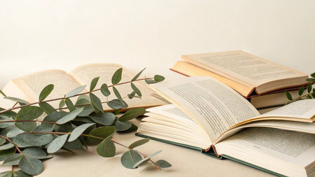 Open books with eucalyptus branches on light background.の写真素材