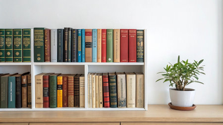 Books on bookshelf and plant in pot on white wall background