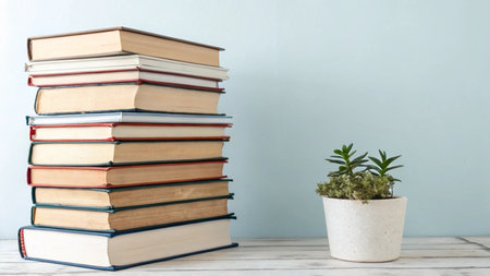 stack of books on wooden table and blue wall background with copy space