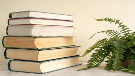Books and fern on the table. Education and learning concept.の写真素材