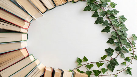 Books and ivy on a white background. View from above.の写真素材