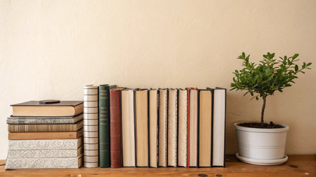 Pile of old books with plant on wooden table and wall backgroundの写真素材