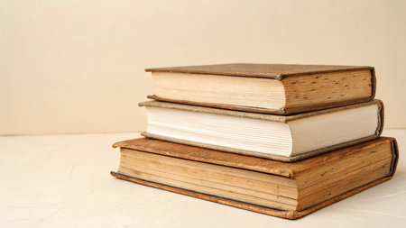 stack of old books on a light background, copy space for text