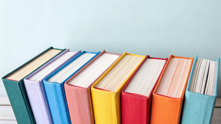 Colorful books on wooden table against blue wall. Back to school
