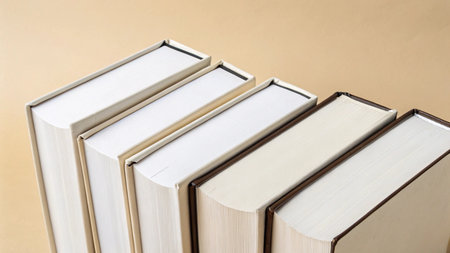 stack of books on beige background, copy space for your text