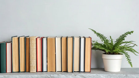 Books and plant on table against white wall. Back to school concept