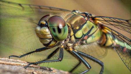 Macro shots, showing of eyes dragonfly and wings detail. Beautiful dragonfly in the nature habitat.
