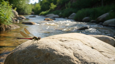 Dragonfly resting on a rock in front of a mountain river.の写真素材