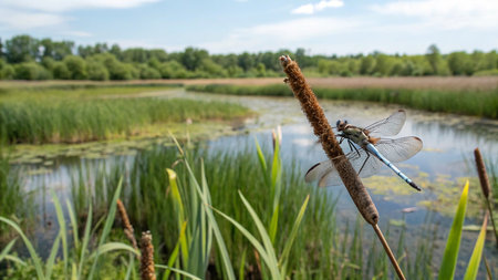 Dragonfly on a reed near the water in the summer.の写真素材