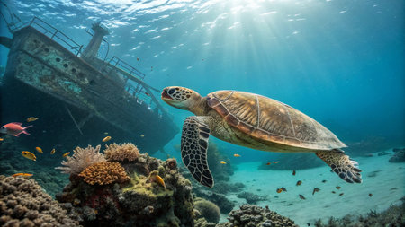 Green sea turtle on a coral reef with shipwreck in the background