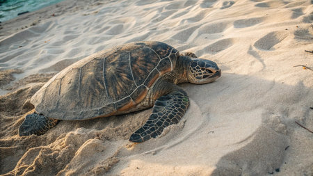 Green sea turtle resting on the sand on a tropical beach in Sri Lanka