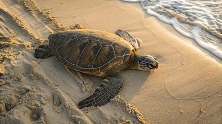 Hawaiian Green Sea Turtle (Chelonia mydas) resting on the beach