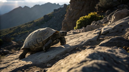 Tortoise on a rock in the desert of the Canary Islandsの写真素材