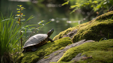 Turtle on a stone by a pond in the forest in summerの写真素材