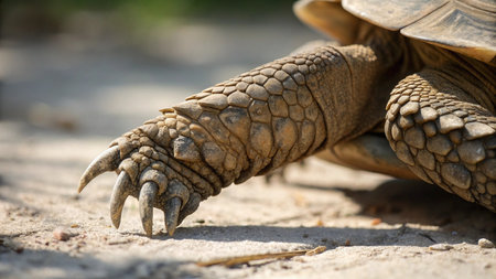 Close up of a tortoise walking on the sand in the park