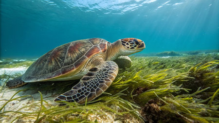 Hawaiian Green Sea Turtle (Chelonia mydas) swimming underwaterの写真素材