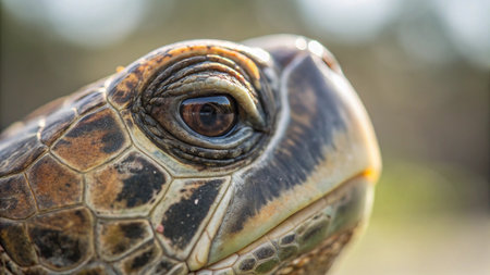 Close up of a tortoise head in the sun. Shallow depth of field.の写真素材