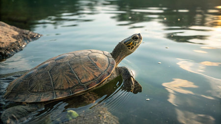 Turtle swimming in the pond. Turtle swims in the pond.の写真素材