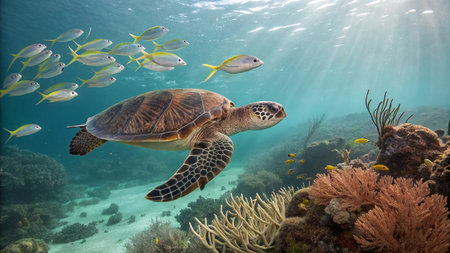 Green sea turtle swimming over a coral reef in Bohol, Philippines