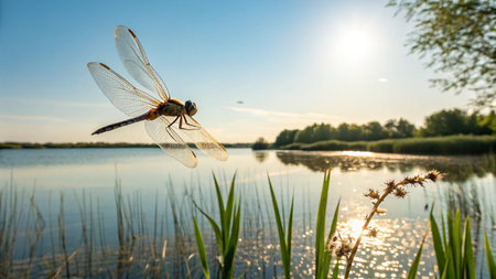 Dragonfly on the background of the lake in the rays of the setting sunの写真素材