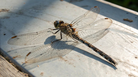 Dragonfly on a wooden board. Close-up of a dragonfly.の写真素材