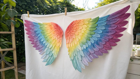 Rainbow wings on a clothesline in a garden in the summer