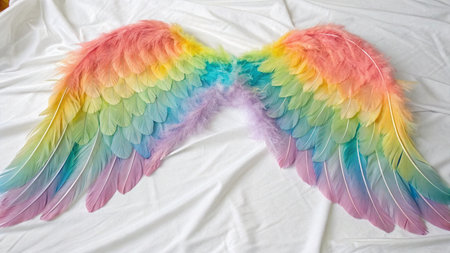 Rainbow wings on white fabric background. Colorful angel wings.の写真素材