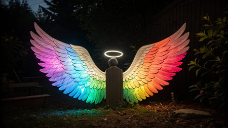 Wings in the sky with rainbow effect. 3D rendering.の写真素材