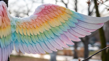 Angel wings in the sky with rainbow. 3D illustration.