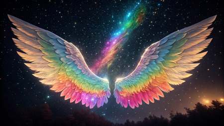 3d rendering of a rainbow winged bird in the night skyの写真素材