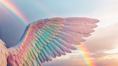 Pink and blue wings of a bird on a background of a rainbowの写真素材