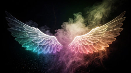 Angel wings with colorful smoke on black background. 3D rendering.の写真素材