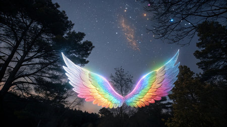 Rainbow wings on the background of the starry sky in the forest.の写真素材