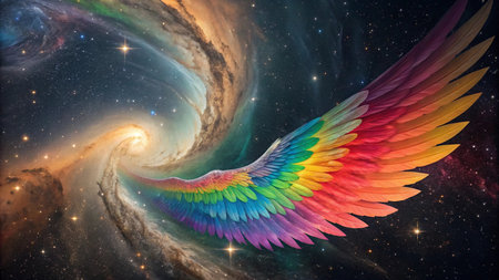 Colorful rainbow wings in a starry space. 3D renderingの写真素材