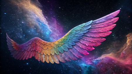 3D rendering of a colorful winged bird against space background.の写真素材
