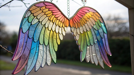 Colorful handmade angel wings on a window in a garden in springの写真素材