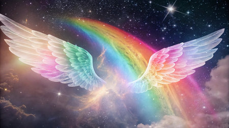 3d rendering of an angel in the night sky with rainbow lightsの写真素材