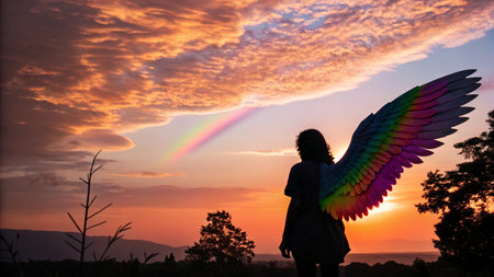 Silhouette of a woman with rainbow wings on the sunset backgroundの写真素材