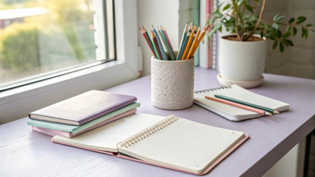 Notebook and pencils on the windowsill. Back to school.