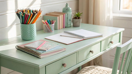 Wooden chest of drawers with stationery on table in roomの写真素材