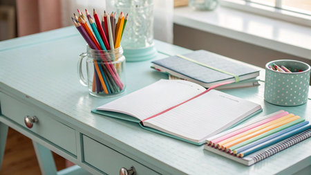 Pencils, notebooks on the table.
