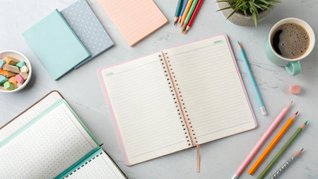 Top view of office desk table with notepad, coffee cup and colorful pencils.の写真素材