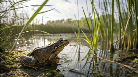 Frog in the water on a background of green reeds.の写真素材