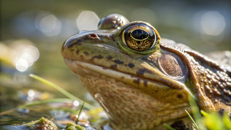 Close-up of a European bullfrog (Rana temporaria)の写真素材