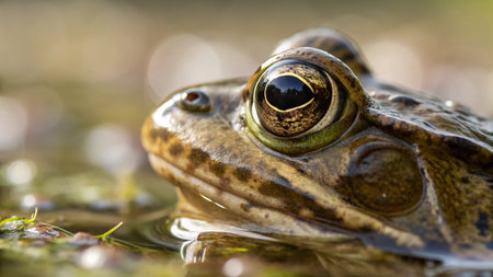 Close up of a frog in a pond on a sunny day.の写真素材