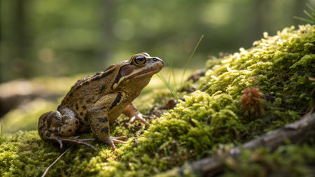 Frog sitting on a mossy rock in a forest in summerの写真素材