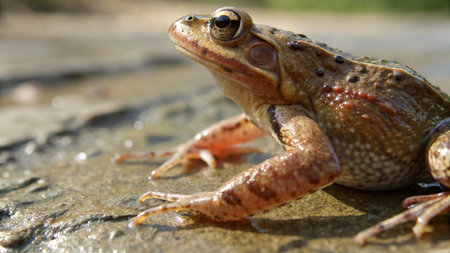 Frog sitting on a rock in the sun, close-up