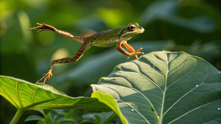 European tree frog (Hyla arborea) on a leafの写真素材